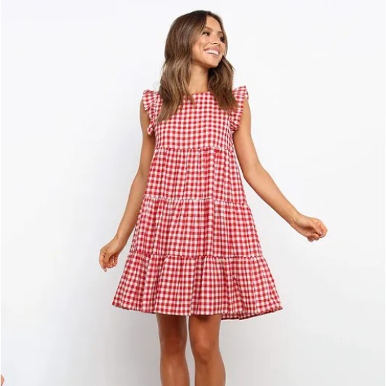 Women Fashion Causal Plaid Printed Sleeveless Loose Dress Women Fashion Causal Plaid Printed Sleeveless Loose Dress