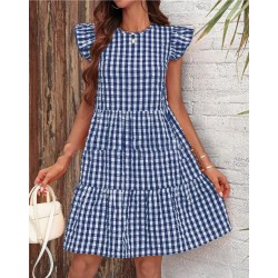 Women Fashion Causal Plaid Printed Sleeveless Loose Dress