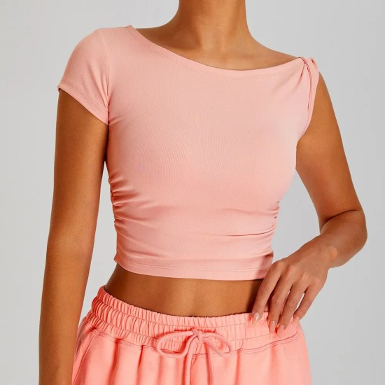 Women Fashion Casual Solid Color Irregular Short-Sleeve Slim-Fit Sports T-Shirt Women Fashion Casual Solid Color Irregular Short-Sleeve Slim-Fit Sports T-Shirt