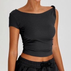 Women Fashion Casual Solid Color Irregular Short-Sleeve Slim-Fit Sports T-Shirt