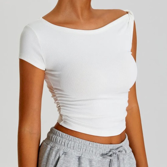 Women Fashion Casual Solid Color Irregular Short-Sleeve Slim-Fit Sports T-Shirt Women Fashion Casual Solid Color Irregular Short-Sleeve Slim-Fit Sports T-Shirt