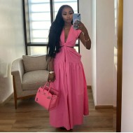 Women Fashion Sexy Solid Color Hollow-Out Short-Sleeve Loose Pleated Dress