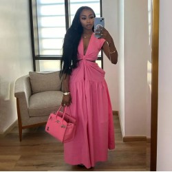 Women Fashion Sexy Solid Color Hollow-Out Short-Sleeve Loose Pleated Dress