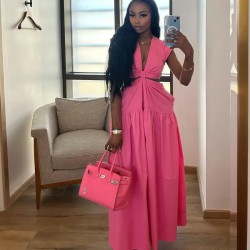 Women Fashion Sexy Solid Color Hollow-Out Short-Sleeve Loose Pleated Dress