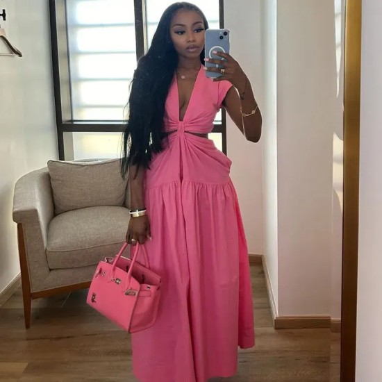Women Fashion Sexy Solid Color Hollow-Out Short-Sleeve Loose Pleated Dress Women Fashion Sexy Solid Color Hollow-Out Short-Sleeve Loose Pleated Dress