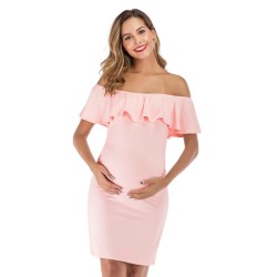 Pregnant Women Fashion Solid Color Ruffled Off Shoulder Slim-Fit Dress
