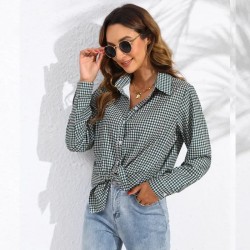 Women Fashion Check Printing Long Sleeve Casual Blouses