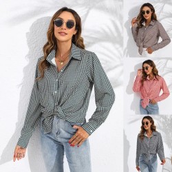 Women Fashion Check Printing Long Sleeve Casual Blouses