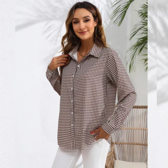 Women Fashion Check Printing Long Sleeve Casual Blouses Women Fashion Check Printing Long Sleeve Casual Blouses