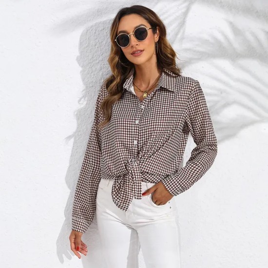 Women Fashion Check Printing Long Sleeve Casual Blouses Women Fashion Check Printing Long Sleeve Casual Blouses