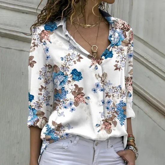 Summer Women Fashion Flower Printed Long Sleeve Loose Blouse Summer Women Fashion Flower Printed Long Sleeve Loose Blouse