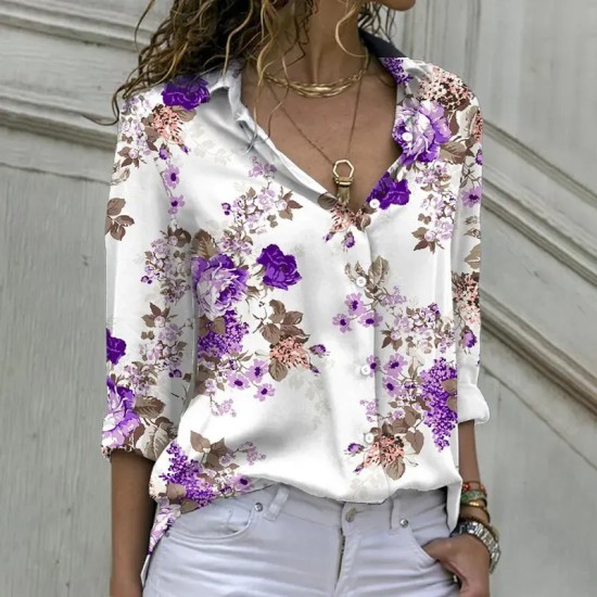 Summer Women Fashion Flower Printed Long Sleeve Loose Blouse Summer Women Fashion Flower Printed Long Sleeve Loose Blouse
