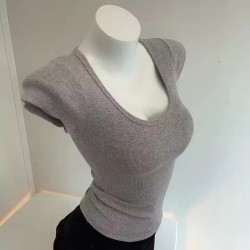 Women Basic Solid Color U Neck Slim Fit T-Shirt