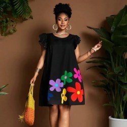Women Fashion Casual Floral Printed Round Neck Short-Sleeve Loose Dress