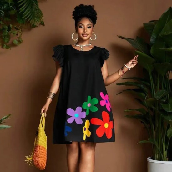 Women Fashion Casual Floral Printed Round Neck Short-Sleeve Loose Dress Women Fashion Casual Floral Printed Round Neck Short-Sleeve Loose Dress