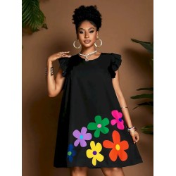 Women Fashion Casual Floral Printed Round Neck Short-Sleeve Loose Dress