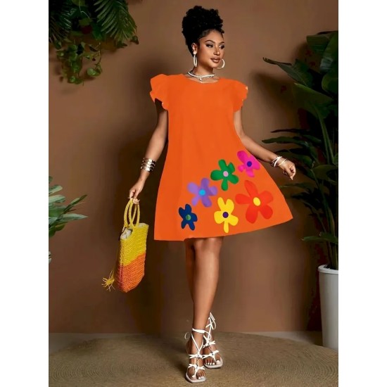 Women Fashion Casual Floral Printed Round Neck Short-Sleeve Loose Dress Women Fashion Casual Floral Printed Round Neck Short-Sleeve Loose Dress