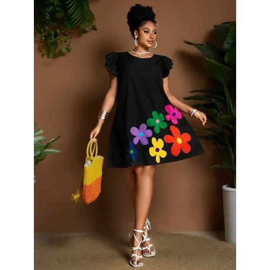 Women Fashion Casual Floral Printed Round Neck Short-Sleeve Loose Dress Women Fashion Casual Floral Printed Round Neck Short-Sleeve Loose Dress