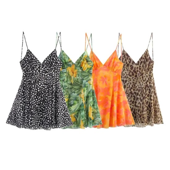 Vacation Summer Floral Leaf Leopard Polka Dot Printing Sling Dress Vacation Summer Floral Leaf Leopard Polka Dot Printing Sling Dress