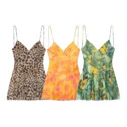 Vacation Summer Floral Leaf Leopard Polka Dot Printing Sling Dress