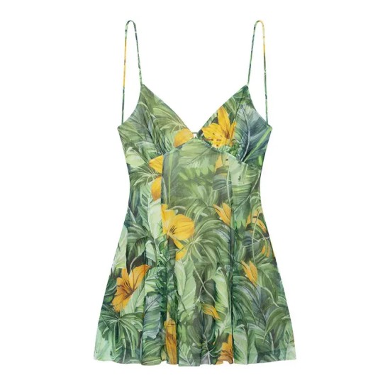 Vacation Summer Floral Leaf Leopard Polka Dot Printing Sling Dress Vacation Summer Floral Leaf Leopard Polka Dot Printing Sling Dress