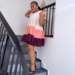 Women Fashion Elegant Contrast Color Stitching Round Neck Ruffled Sleeve Loose Dress