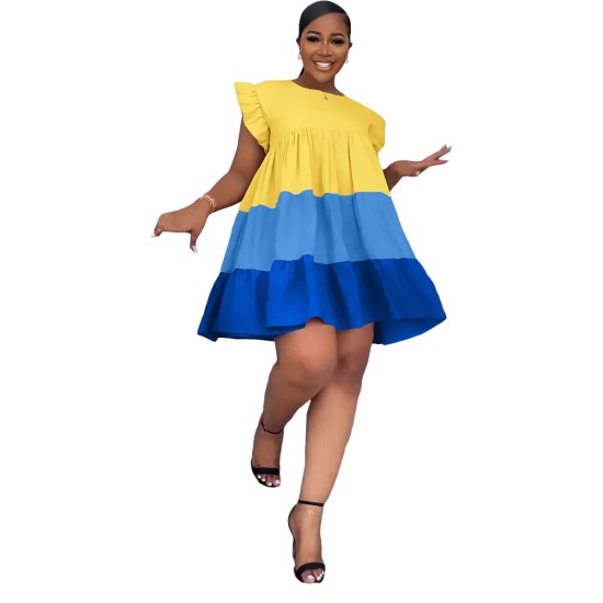 Women Fashion Elegant Contrast Color Stitching Round Neck Ruffled Sleeve Loose Dress Women Fashion Elegant Contrast Color Stitching Round Neck Ruffled Sleeve Loose Dress