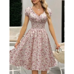 Women Fashion Elegant Floral Printed V-Neck Puff Sleeve Dress