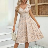 Women Fashion Elegant Floral Printed V-Neck Puff Sleeve Dress