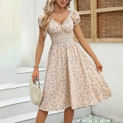 Women Fashion Elegant Floral Printed V-Neck Puff Sleeve Dress