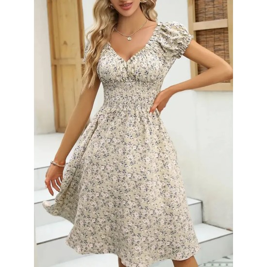 Women Fashion Elegant Floral Printed V-Neck Puff Sleeve Dress Women Fashion Elegant Floral Printed V-Neck Puff Sleeve Dress
