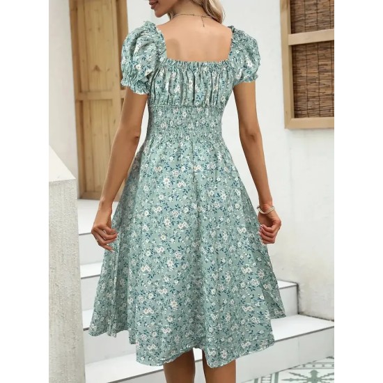 Women Fashion Elegant Floral Printed V-Neck Puff Sleeve Dress Women Fashion Elegant Floral Printed V-Neck Puff Sleeve Dress