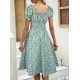 Women Fashion Elegant Floral Printed V-Neck Puff Sleeve Dress Women Fashion Elegant Floral Printed V-Neck Puff Sleeve Dress
