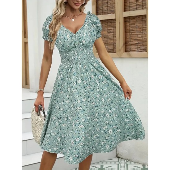 Women Fashion Elegant Floral Printed V-Neck Puff Sleeve Dress Women Fashion Elegant Floral Printed V-Neck Puff Sleeve Dress