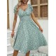 Women Fashion Elegant Floral Printed V-Neck Puff Sleeve Dress Women Fashion Elegant Floral Printed V-Neck Puff Sleeve Dress