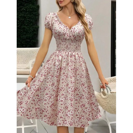 Women Fashion Elegant Floral Printed V-Neck Puff Sleeve Dress Women Fashion Elegant Floral Printed V-Neck Puff Sleeve Dress