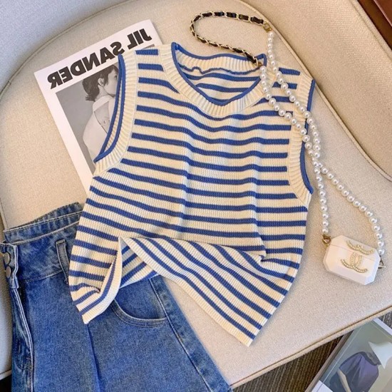 Ice Silk Stripe Knitted Women Summer Tank Top Ice Silk Stripe Knitted Women Summer Tank Top