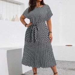Women Fashion Casual Plus Size Printed Short-Sleeve Lace-Up Loose Dress