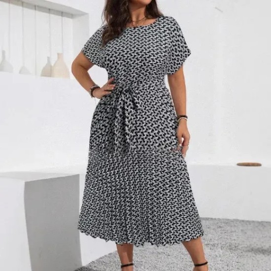 Women Fashion Casual Plus Size Printed Short-Sleeve Lace-Up Loose Dress Women Fashion Casual Plus Size Printed Short-Sleeve Lace-Up Loose Dress