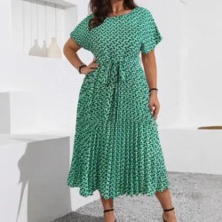Women Fashion Casual Plus Size Printed Short-Sleeve Lace-Up Loose Dress