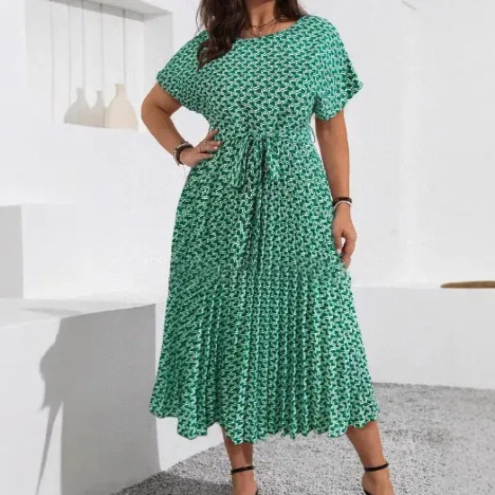 Women Fashion Casual Plus Size Printed Short-Sleeve Lace-Up Loose Dress Women Fashion Casual Plus Size Printed Short-Sleeve Lace-Up Loose Dress