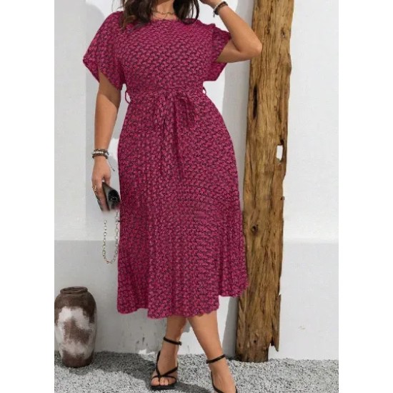 Women Fashion Casual Plus Size Printed Short-Sleeve Lace-Up Loose Dress Women Fashion Casual Plus Size Printed Short-Sleeve Lace-Up Loose Dress