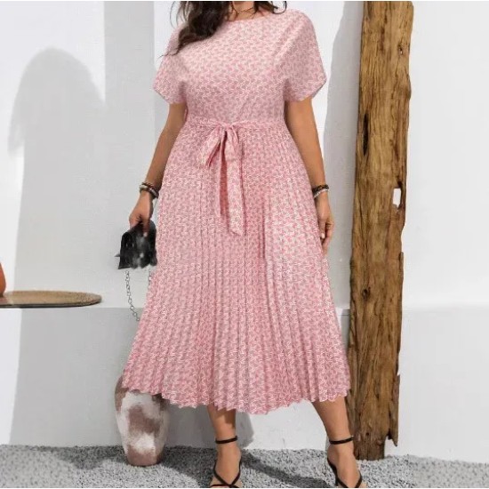 Women Fashion Casual Plus Size Printed Short-Sleeve Lace-Up Loose Dress Women Fashion Casual Plus Size Printed Short-Sleeve Lace-Up Loose Dress