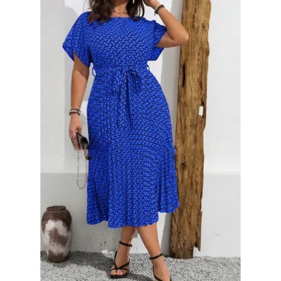 Women Fashion Casual Plus Size Printed Short-Sleeve Lace-Up Loose Dress Women Fashion Casual Plus Size Printed Short-Sleeve Lace-Up Loose Dress
