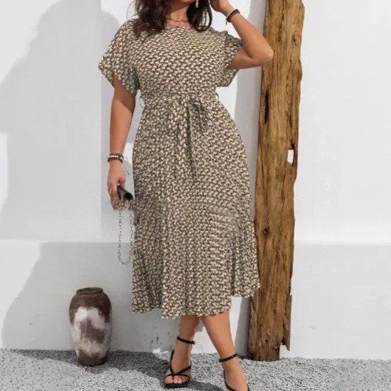 Women Fashion Casual Plus Size Printed Short-Sleeve Lace-Up Loose Dress Women Fashion Casual Plus Size Printed Short-Sleeve Lace-Up Loose Dress