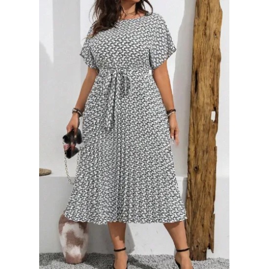 Women Fashion Casual Plus Size Printed Short-Sleeve Lace-Up Loose Dress Women Fashion Casual Plus Size Printed Short-Sleeve Lace-Up Loose Dress