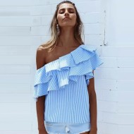 Women Fashion Sexy Oblique Shoulder Irregular Ruffled Stripe Print Top
