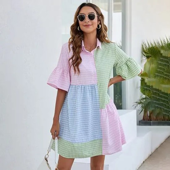 Women Fashion Casual Plaid Stitching Lapel Short-Sleeve Loose Dress Women Fashion Casual Plaid Stitching Lapel Short-Sleeve Loose Dress