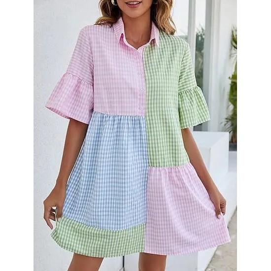 Women Fashion Casual Plaid Stitching Lapel Short-Sleeve Loose Dress Women Fashion Casual Plaid Stitching Lapel Short-Sleeve Loose Dress