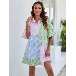 Women Fashion Casual Plaid Stitching Lapel Short-Sleeve Loose Dress